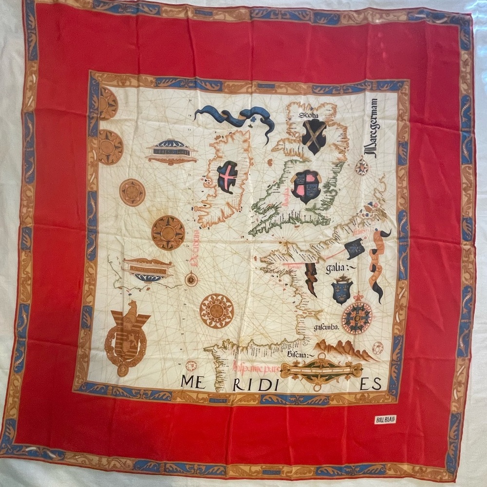 🧣 Bill Blass Silk Scarf. Antique Map Motif. Hand Rolled edges. Rare Find. 🧣